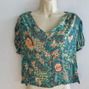 Floral V-Neck Short Sleeve Top in Teal and Peach